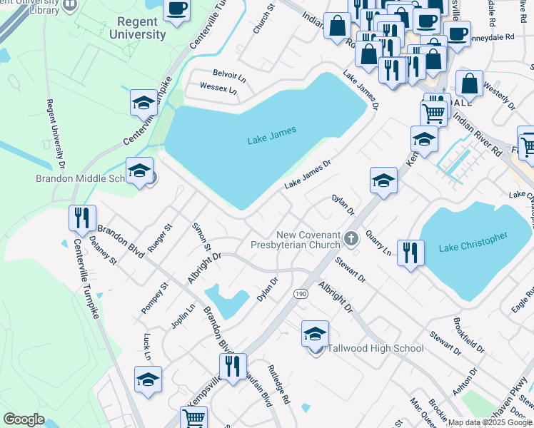 map of restaurants, bars, coffee shops, grocery stores, and more near 5404 Carisbrooke Court in Virginia Beach