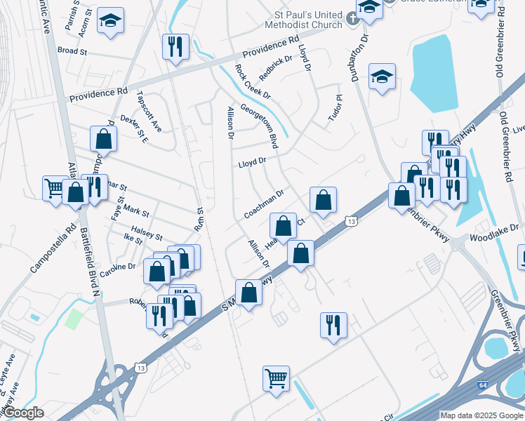 map of restaurants, bars, coffee shops, grocery stores, and more near 240 Coachman Drive in Chesapeake