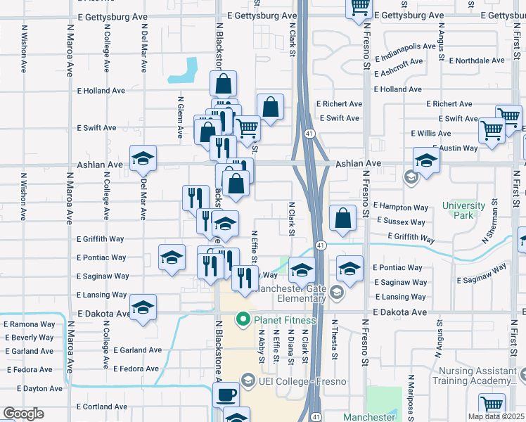 map of restaurants, bars, coffee shops, grocery stores, and more near 1919 East Sussex Way in Fresno