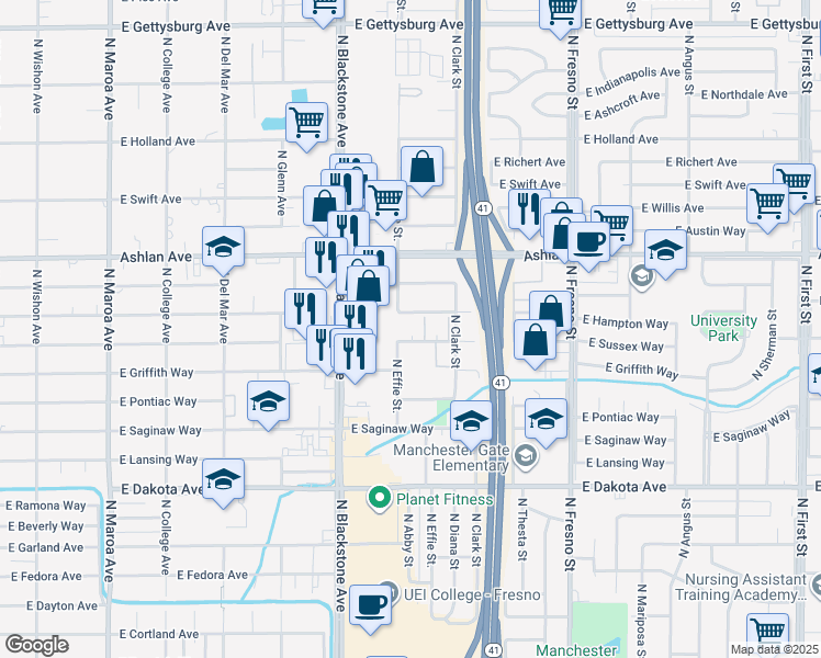 map of restaurants, bars, coffee shops, grocery stores, and more near 2013 East Sussex Way in Fresno