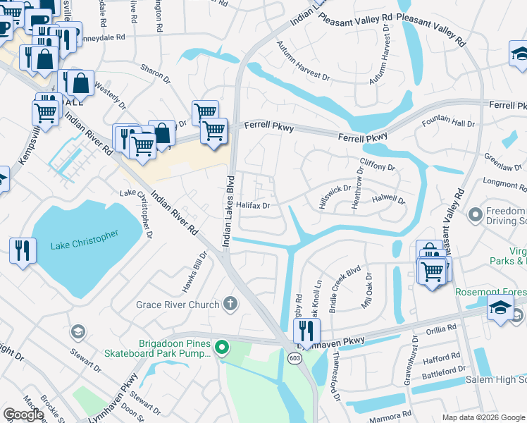 map of restaurants, bars, coffee shops, grocery stores, and more near 5234 Johnstown Lane in Virginia Beach