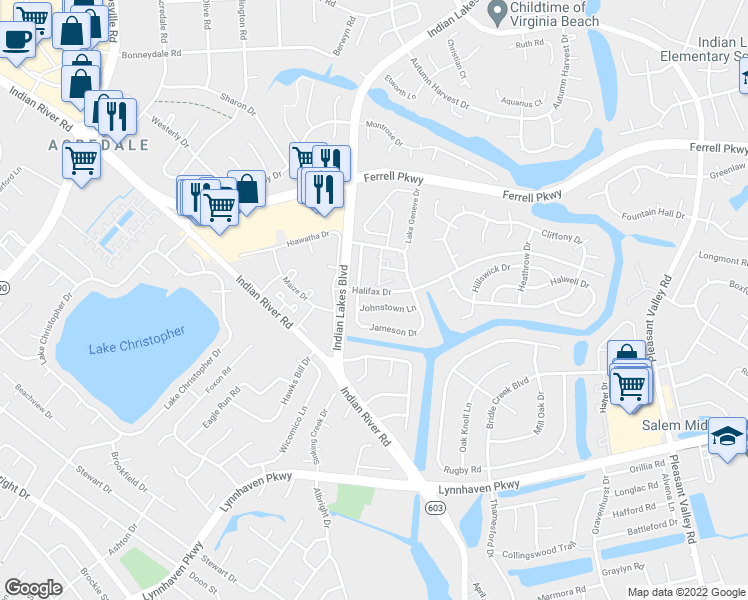 map of restaurants, bars, coffee shops, grocery stores, and more near 5234 Johnstown Lane in Virginia Beach