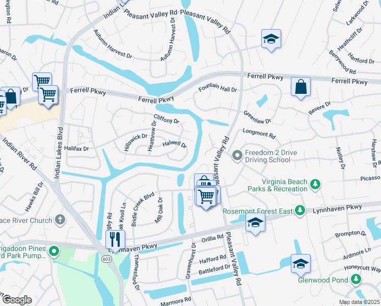 map of restaurants, bars, coffee shops, grocery stores, and more near 4868 Halwell Drive in Virginia Beach