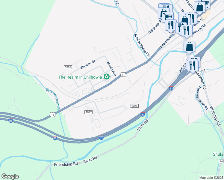 map of restaurants, bars, coffee shops, grocery stores, and more near 1180 West Lee Highway in Chilhowie
