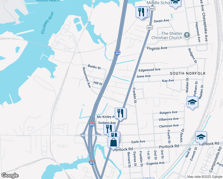 map of restaurants, bars, coffee shops, grocery stores, and more near 1059 Calloway Avenue in Chesapeake
