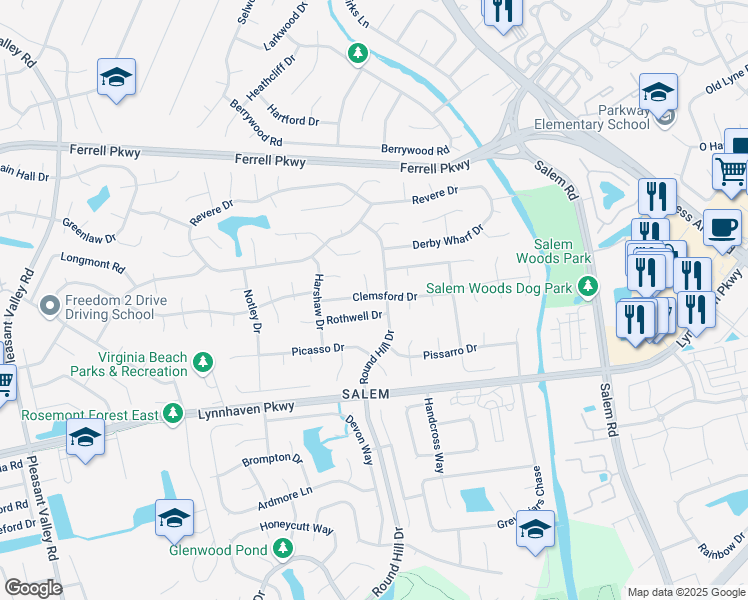 map of restaurants, bars, coffee shops, grocery stores, and more near 4505 Clemsford Drive in Virginia Beach