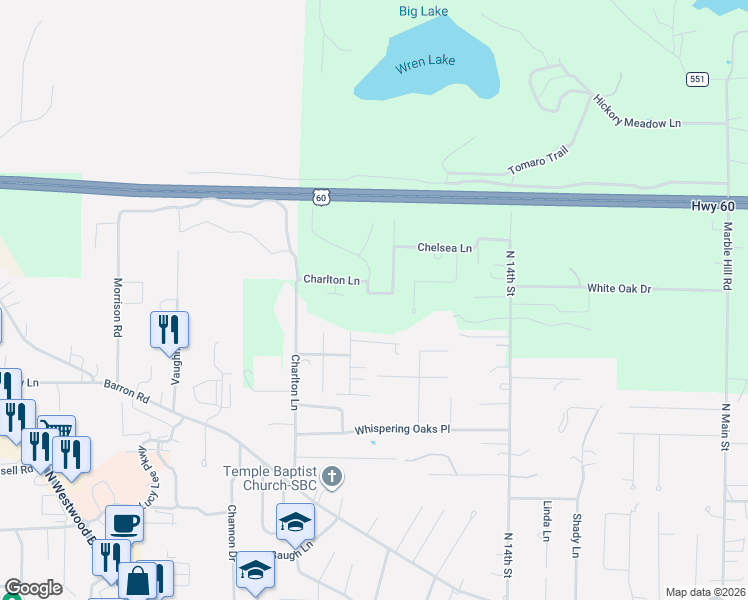 map of restaurants, bars, coffee shops, grocery stores, and more near 3038 Elaine Avenue in Poplar Bluff