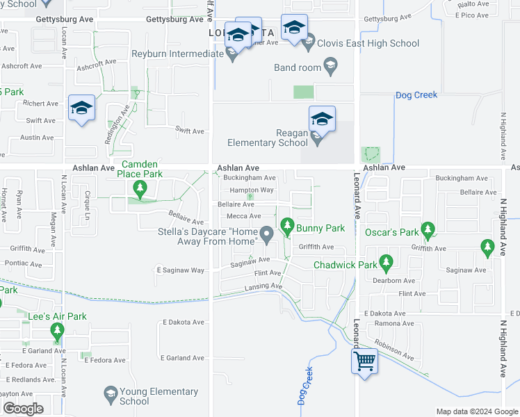 map of restaurants, bars, coffee shops, grocery stores, and more near 3534 Bellaire Avenue in Clovis