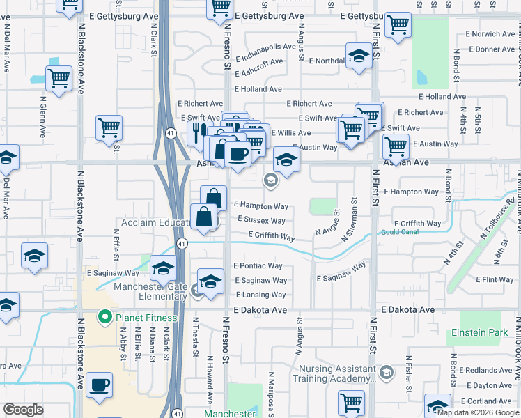 map of restaurants, bars, coffee shops, grocery stores, and more near 2640 East Hampton Way in Fresno