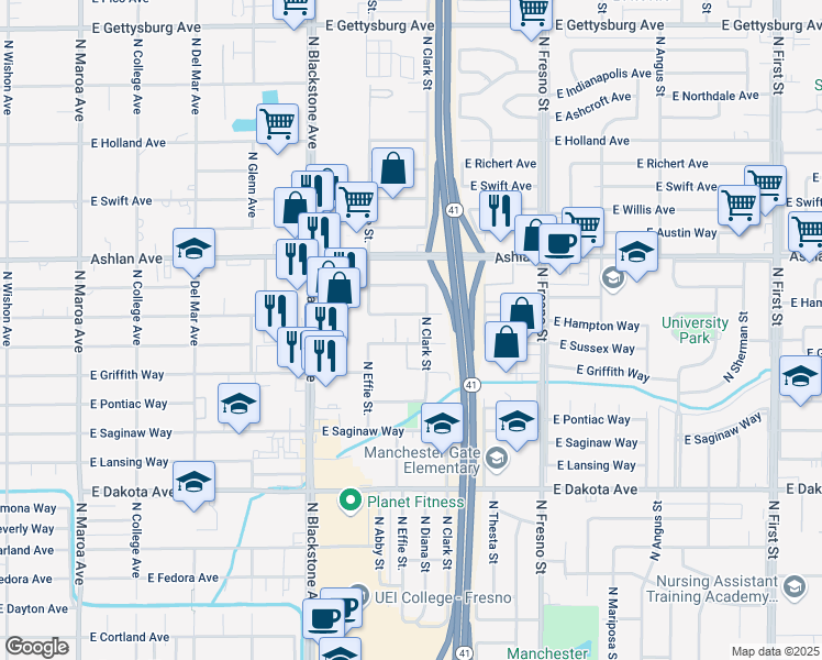 map of restaurants, bars, coffee shops, grocery stores, and more near 2013 East Sussex Way in Fresno