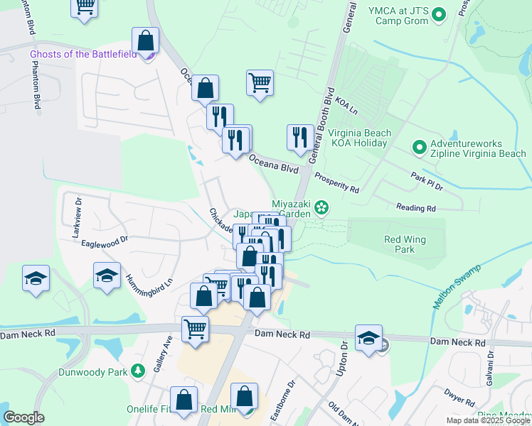 map of restaurants, bars, coffee shops, grocery stores, and more near 1100 Eaglewood Drive in Virginia Beach