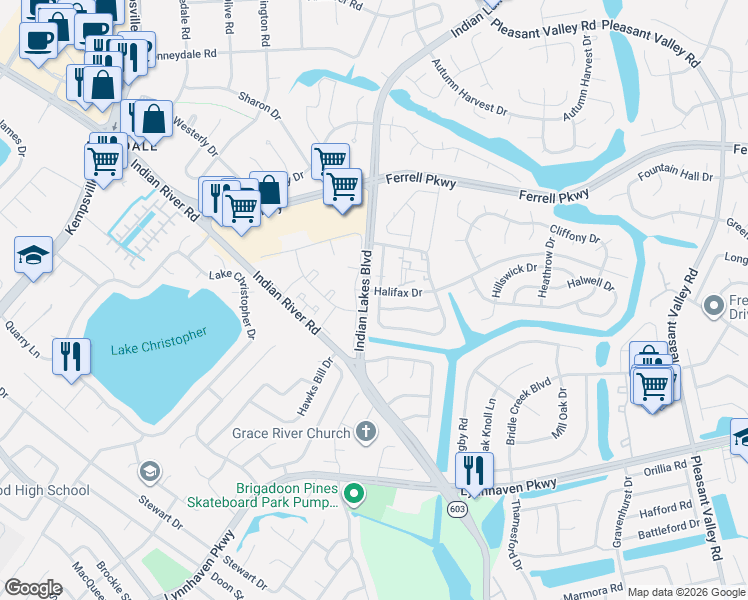 map of restaurants, bars, coffee shops, grocery stores, and more near 1577 Indian Lakes Boulevard in Virginia Beach