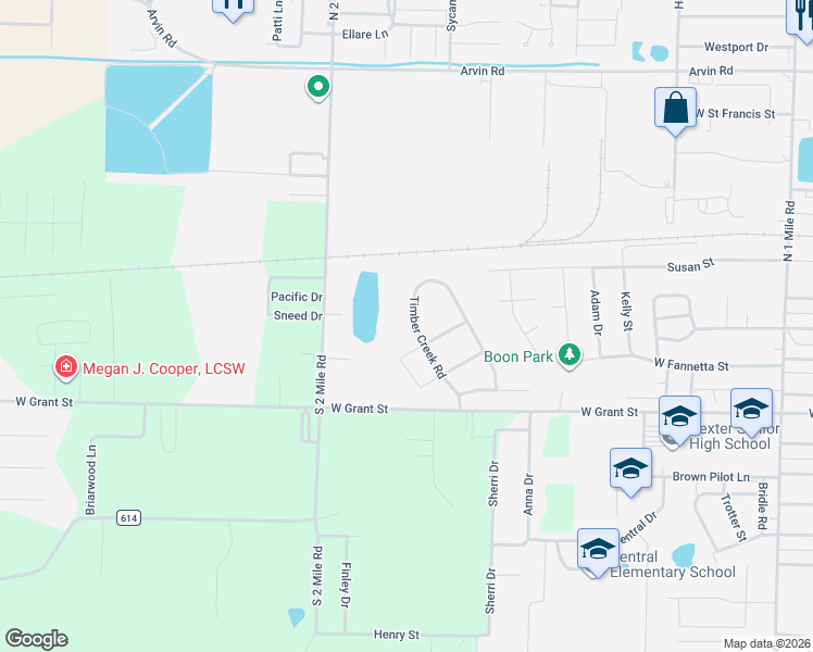 map of restaurants, bars, coffee shops, grocery stores, and more near 10 Timber Creek Road in Dexter