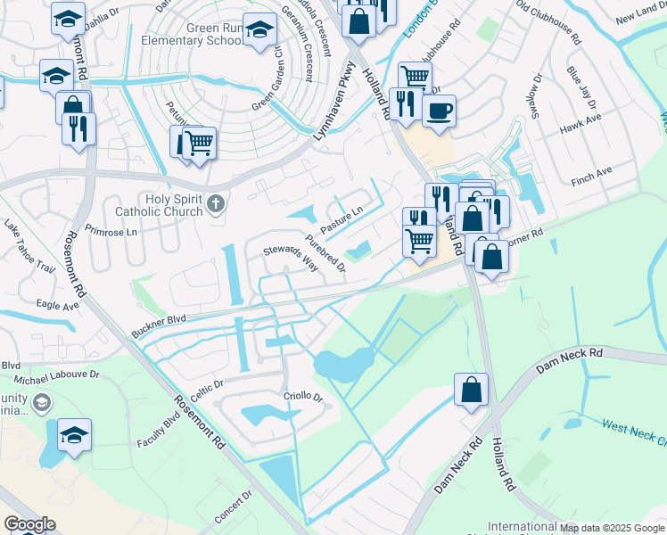 map of restaurants, bars, coffee shops, grocery stores, and more near 3808 Purebred Drive in Virginia Beach
