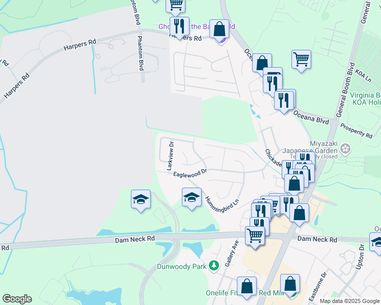 map of restaurants, bars, coffee shops, grocery stores, and more near 1411 Nightingale Way in Virginia Beach