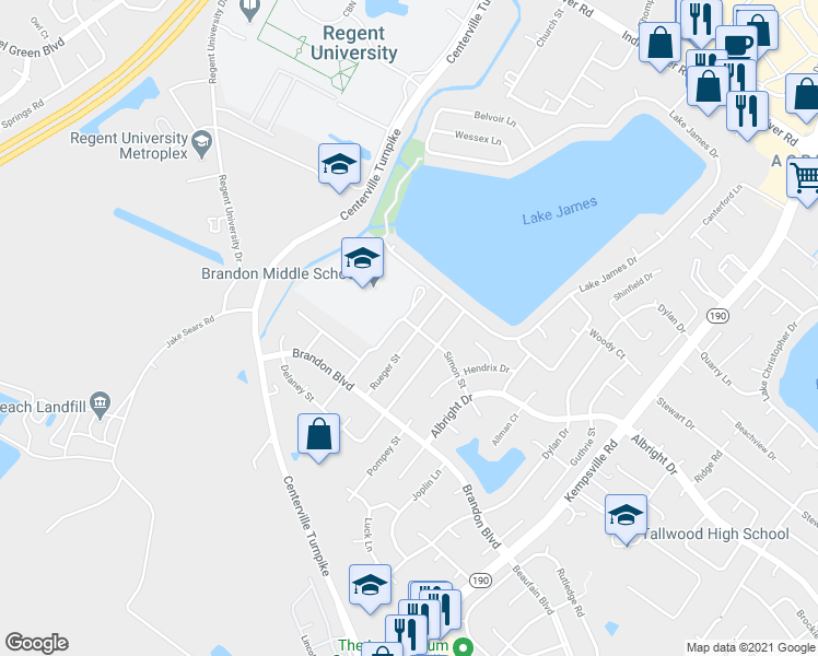 map of restaurants, bars, coffee shops, grocery stores, and more near 1701 Rueger Street in Virginia Beach