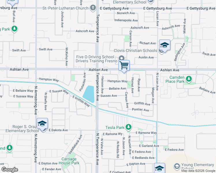 map of restaurants, bars, coffee shops, grocery stores, and more near 2675 Bellaire Avenue in Clovis
