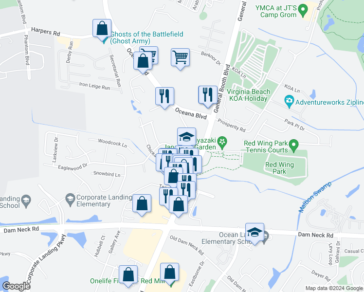 map of restaurants, bars, coffee shops, grocery stores, and more near 1106 Eaglewood Drive in Virginia Beach