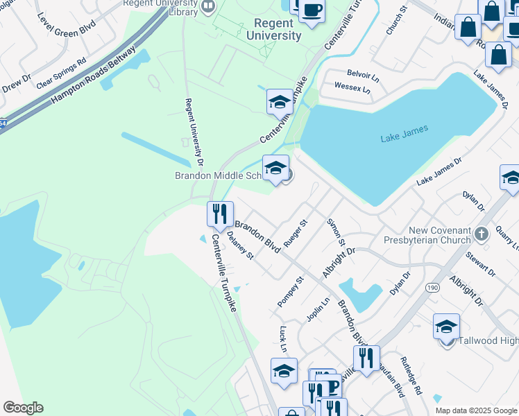 map of restaurants, bars, coffee shops, grocery stores, and more near 5720 Earnhardt Street in Virginia Beach