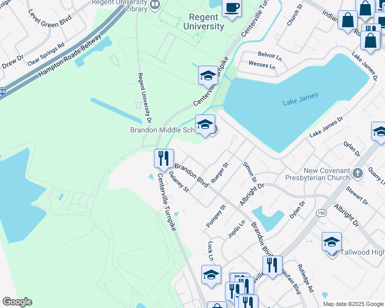 map of restaurants, bars, coffee shops, grocery stores, and more near 5720 Earnhardt Street in Virginia Beach