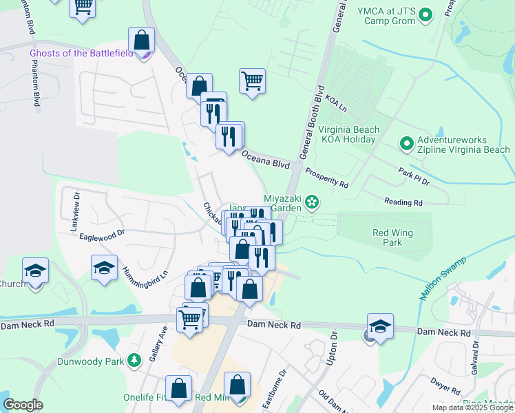 map of restaurants, bars, coffee shops, grocery stores, and more near 1100 Eaglewood Drive in Virginia Beach