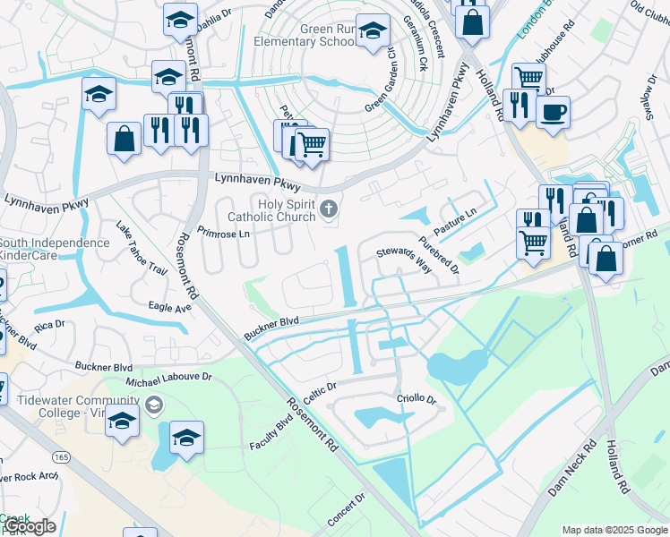 map of restaurants, bars, coffee shops, grocery stores, and more near 3637 Crofts Pride Drive in Virginia Beach