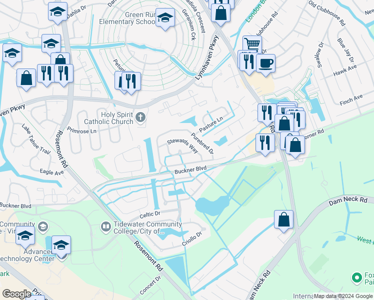 map of restaurants, bars, coffee shops, grocery stores, and more near 3508 Riders Lane in Virginia Beach