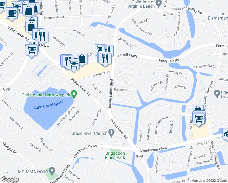 map of restaurants, bars, coffee shops, grocery stores, and more near 1664 Jameson Drive in Virginia Beach