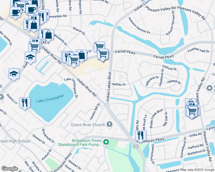map of restaurants, bars, coffee shops, grocery stores, and more near 1577 Indian Lakes Boulevard in Virginia Beach