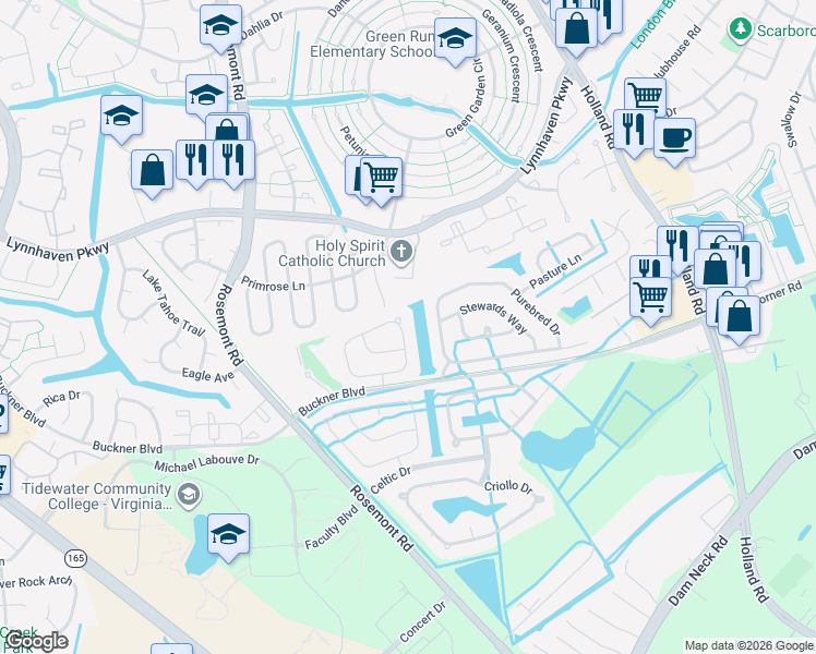 map of restaurants, bars, coffee shops, grocery stores, and more near 3637 Crofts Pride Drive in Virginia Beach