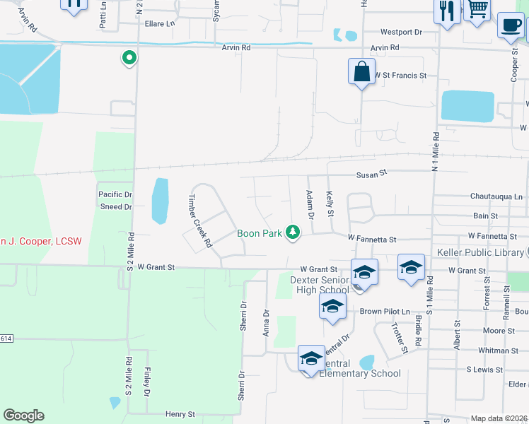 map of restaurants, bars, coffee shops, grocery stores, and more near 103 Lillian Avenue in Dexter