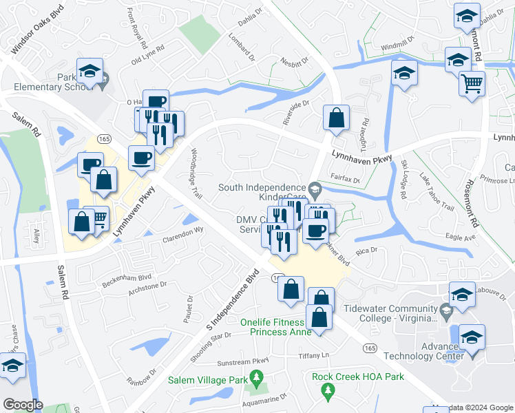 map of restaurants, bars, coffee shops, grocery stores, and more near 1500 Stace Court in Virginia Beach