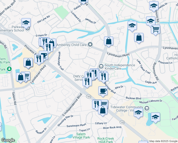 map of restaurants, bars, coffee shops, grocery stores, and more near 1488 Woodbridge Trail in Virginia Beach