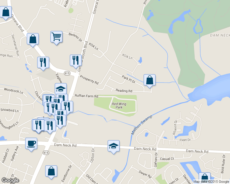 map of restaurants, bars, coffee shops, grocery stores, and more near 879 Reading Road in Virginia Beach