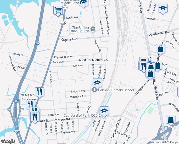 map of restaurants, bars, coffee shops, grocery stores, and more near 3136 Joseph Avenue in Chesapeake