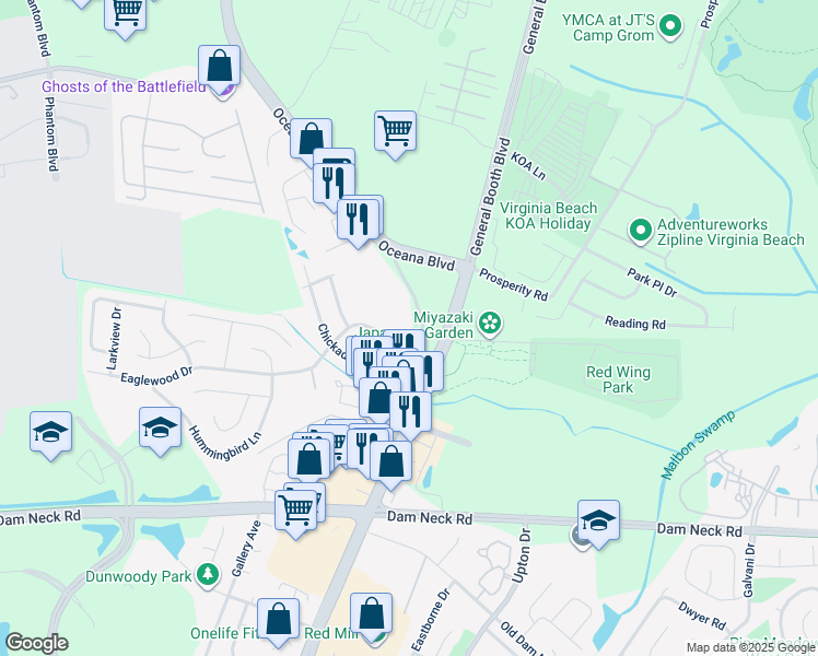 map of restaurants, bars, coffee shops, grocery stores, and more near 1100 Eaglewood Drive in Virginia Beach