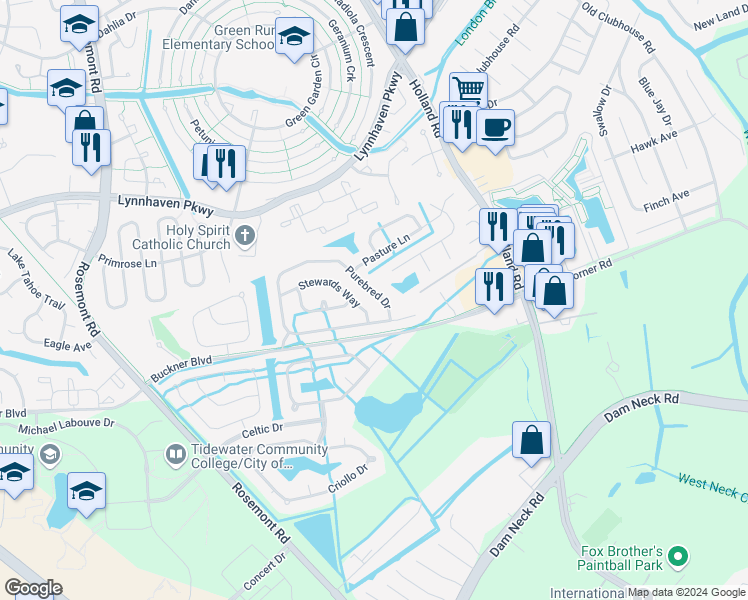 map of restaurants, bars, coffee shops, grocery stores, and more near 3816 Purebred Drive in Virginia Beach