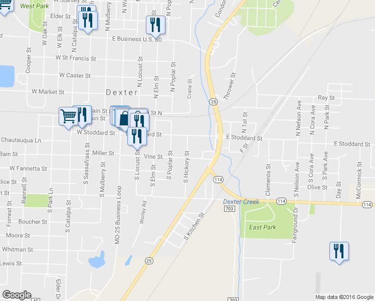 map of restaurants, bars, coffee shops, grocery stores, and more near 121 South Hickory Street in Dexter