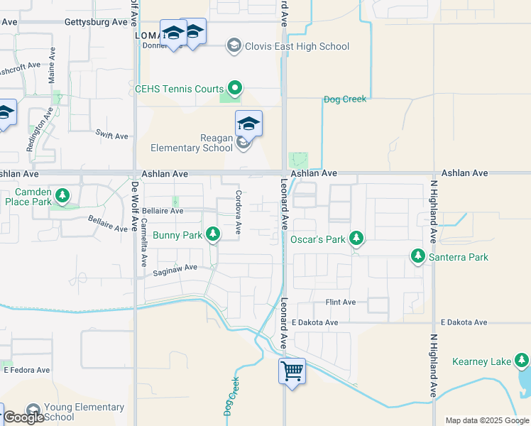 map of restaurants, bars, coffee shops, grocery stores, and more near 3798 Ashlan Avenue in Clovis