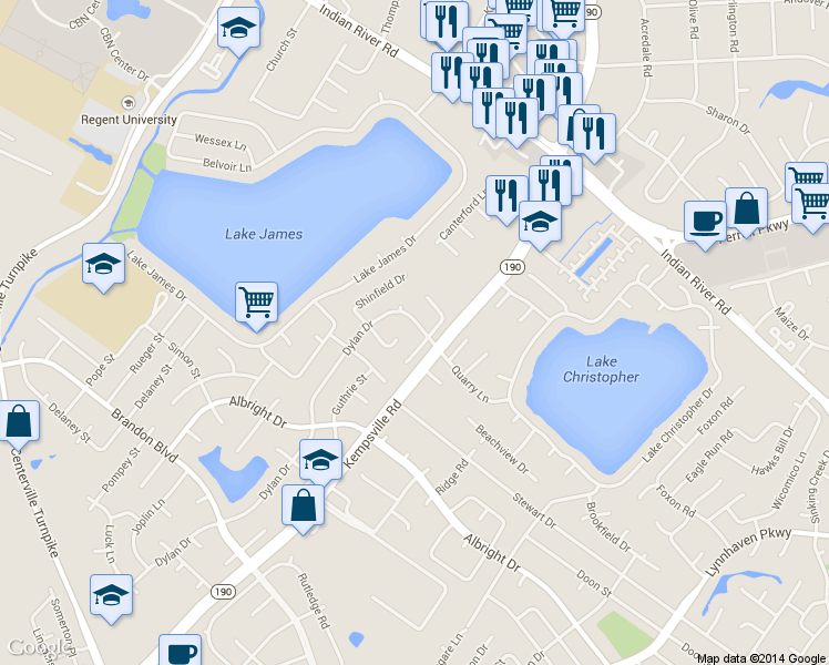 map of restaurants, bars, coffee shops, grocery stores, and more near 1540 Dylan Drive in Virginia Beach