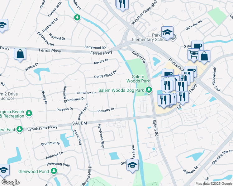 map of restaurants, bars, coffee shops, grocery stores, and more near 1404 Athol Court in Virginia Beach