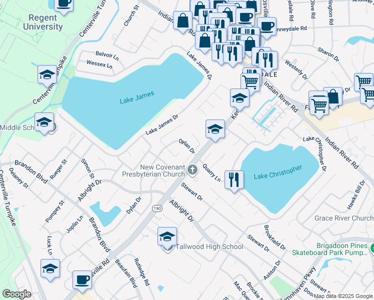 map of restaurants, bars, coffee shops, grocery stores, and more near 1540 Dylan Drive in Virginia Beach