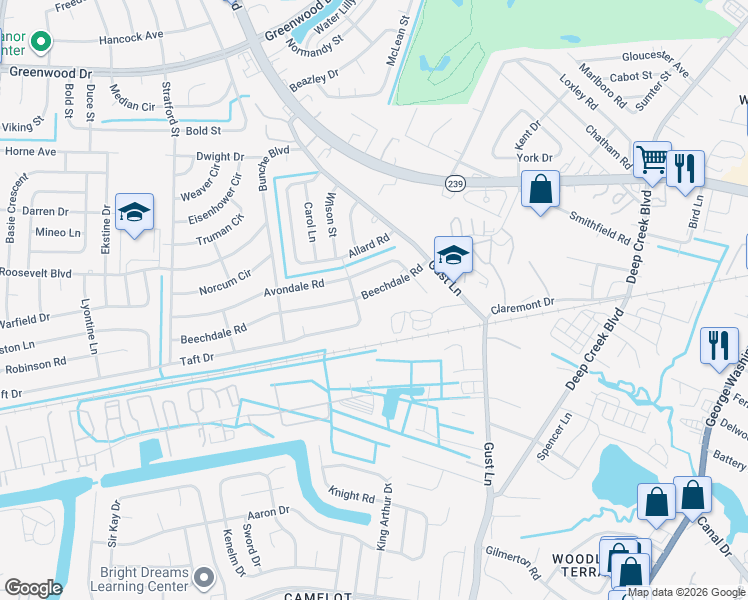 map of restaurants, bars, coffee shops, grocery stores, and more near 215 Beechdale Rd in Portsmouth