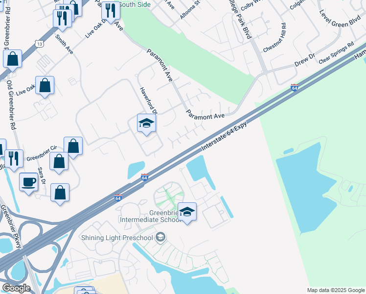 map of restaurants, bars, coffee shops, grocery stores, and more near 12 Penzance Circle in Chesapeake