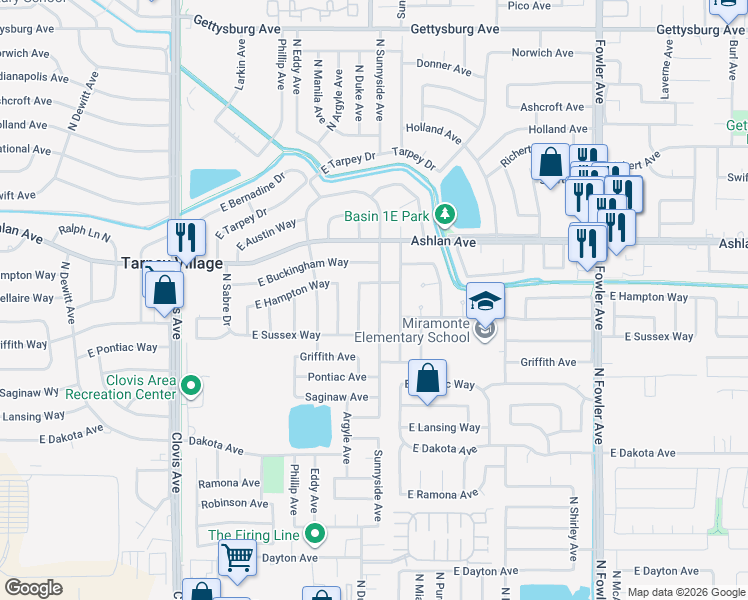 map of restaurants, bars, coffee shops, grocery stores, and more near 4069 North Sunnyside Avenue in Fresno