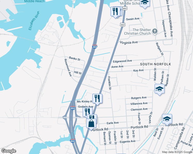 map of restaurants, bars, coffee shops, grocery stores, and more near 1014 Hill Street in Chesapeake