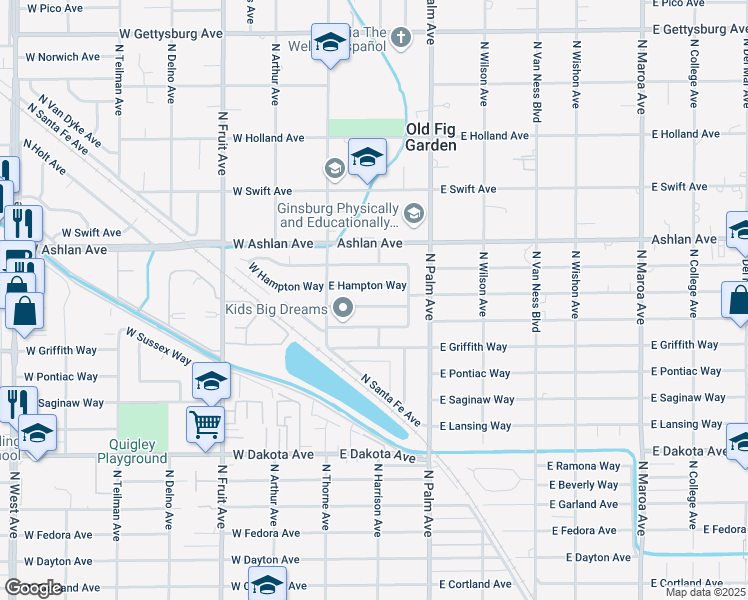 map of restaurants, bars, coffee shops, grocery stores, and more near 95 East Bellaire Way in Fresno