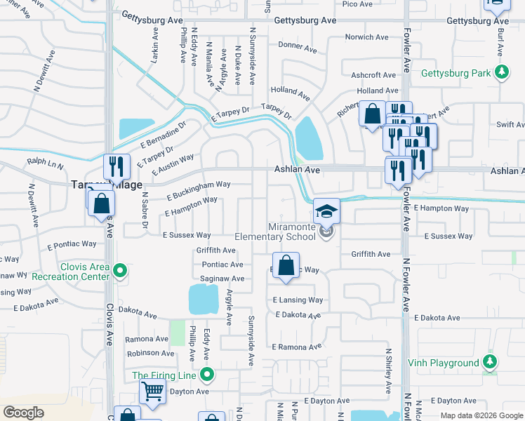 map of restaurants, bars, coffee shops, grocery stores, and more near 3310 Claremont Avenue in Clovis