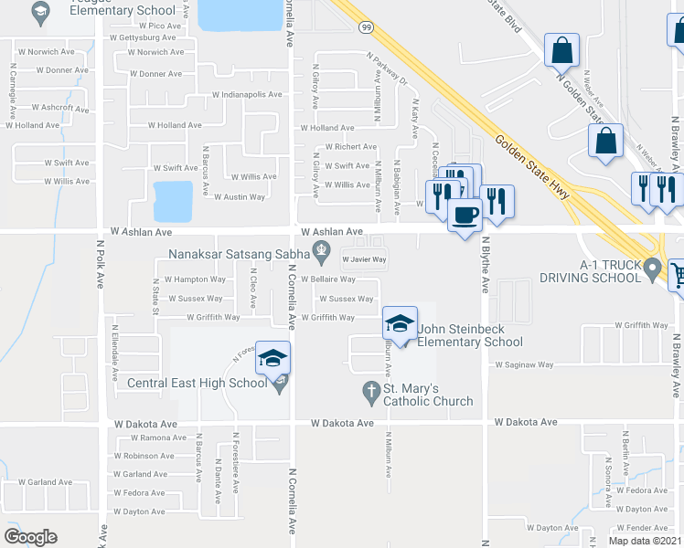 map of restaurants, bars, coffee shops, grocery stores, and more near 4693 West Naomi Way in Fresno