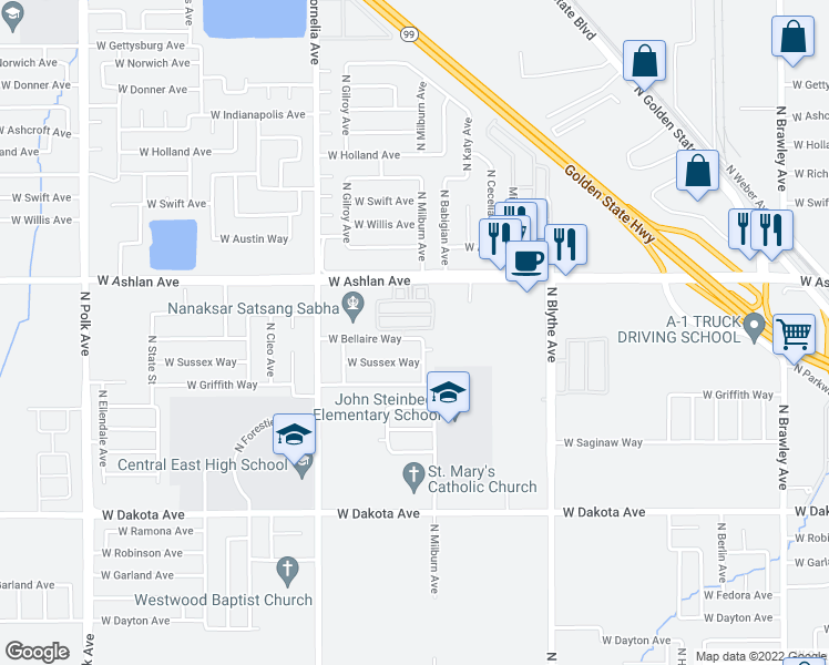 map of restaurants, bars, coffee shops, grocery stores, and more near 4633 West Naomi Way in Fresno